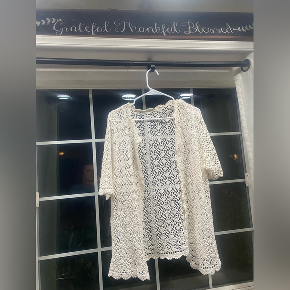 Tops - White Crochet Open-Front Cardigan